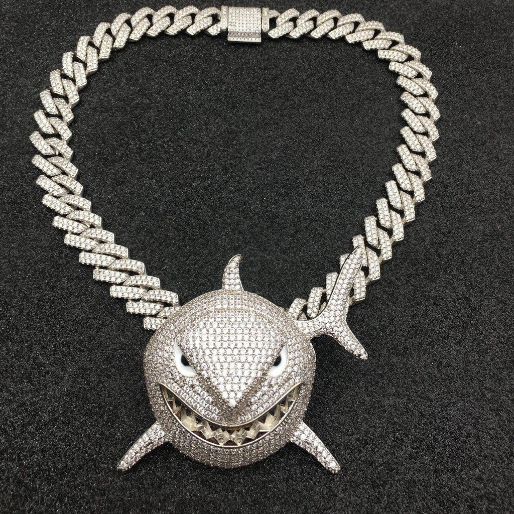 欧美69吊坠6ix9ine同款大号鲨鱼吊坠微镶锆石夸张嘻哈男士项链