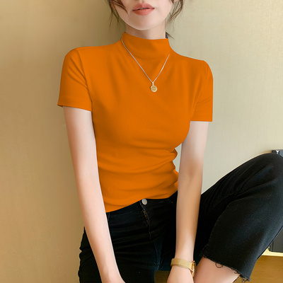 橙色半高领短袖t恤女夏季内搭