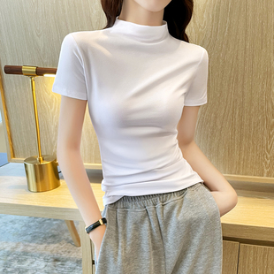 修身 顯瘦內搭外穿上衣打底 T恤女2025春夏網紅新款 白色半高領短袖