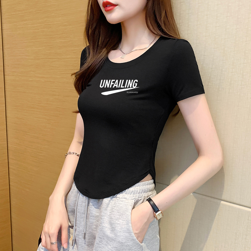 黑色莫代尔冰丝印花短款短袖女