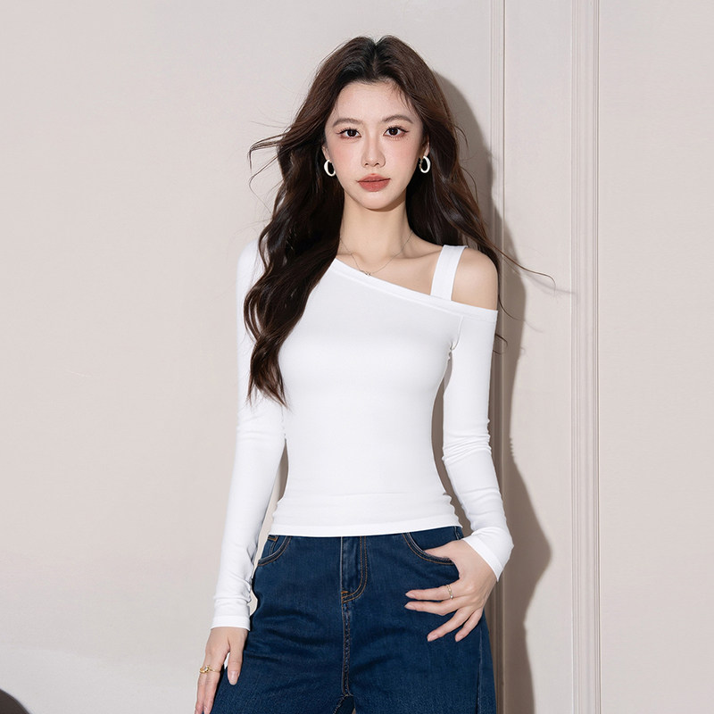 白色露肩打底衫女长袖女秋冬内搭