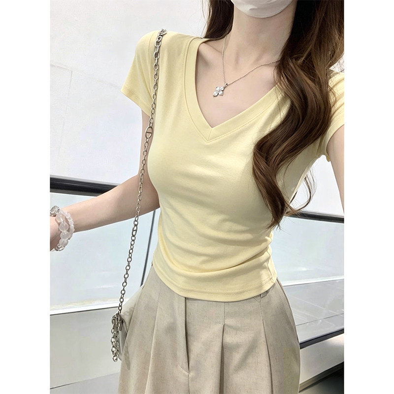白色v领正肩短袖修身T恤女2026年夏季大码宽松胖mm内搭打底衫上衣图片