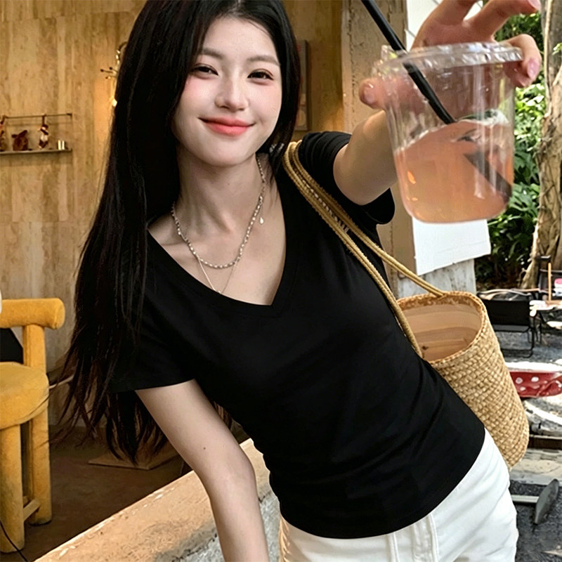 白色v领正肩短袖修身T恤女2026年夏季大码宽松胖mm内搭打底衫上衣图片