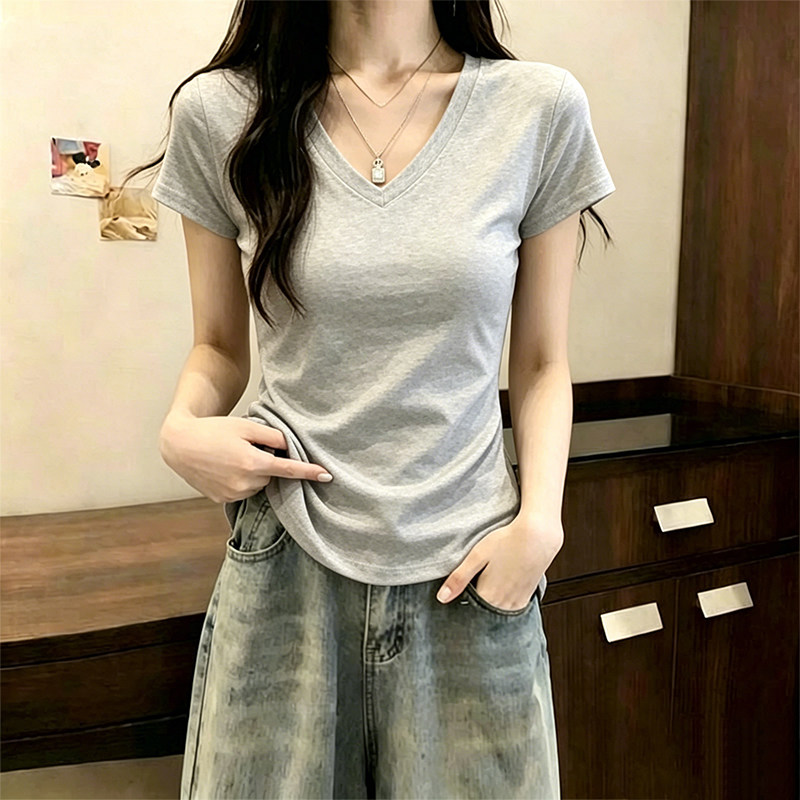 白色v领正肩短袖修身T恤女2026年夏季大码宽松胖mm内搭打底衫上衣图片