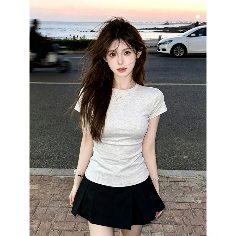 韩版圆领纯色短袖t恤女夏季修身T恤