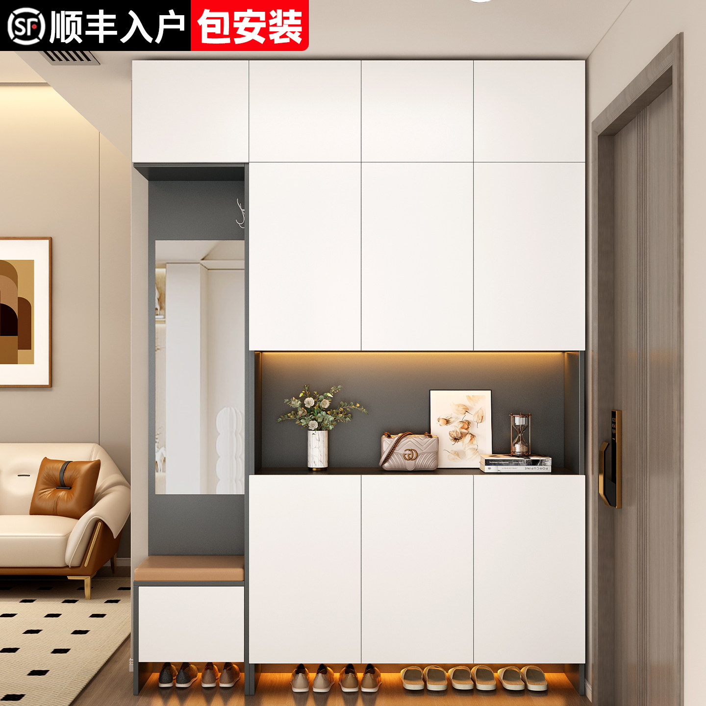实木鞋柜玄关柜家用门口坐凳一体大容量收纳柜隔断定制入户门门厅