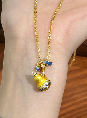 古法金色葫芦吊坠项链女新中式设计气质锁骨链转运珠