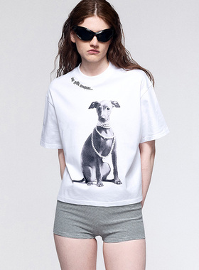 dat.明後日 ‘珍珠灵缇’复古印花领口刺绣宽松短袖T恤