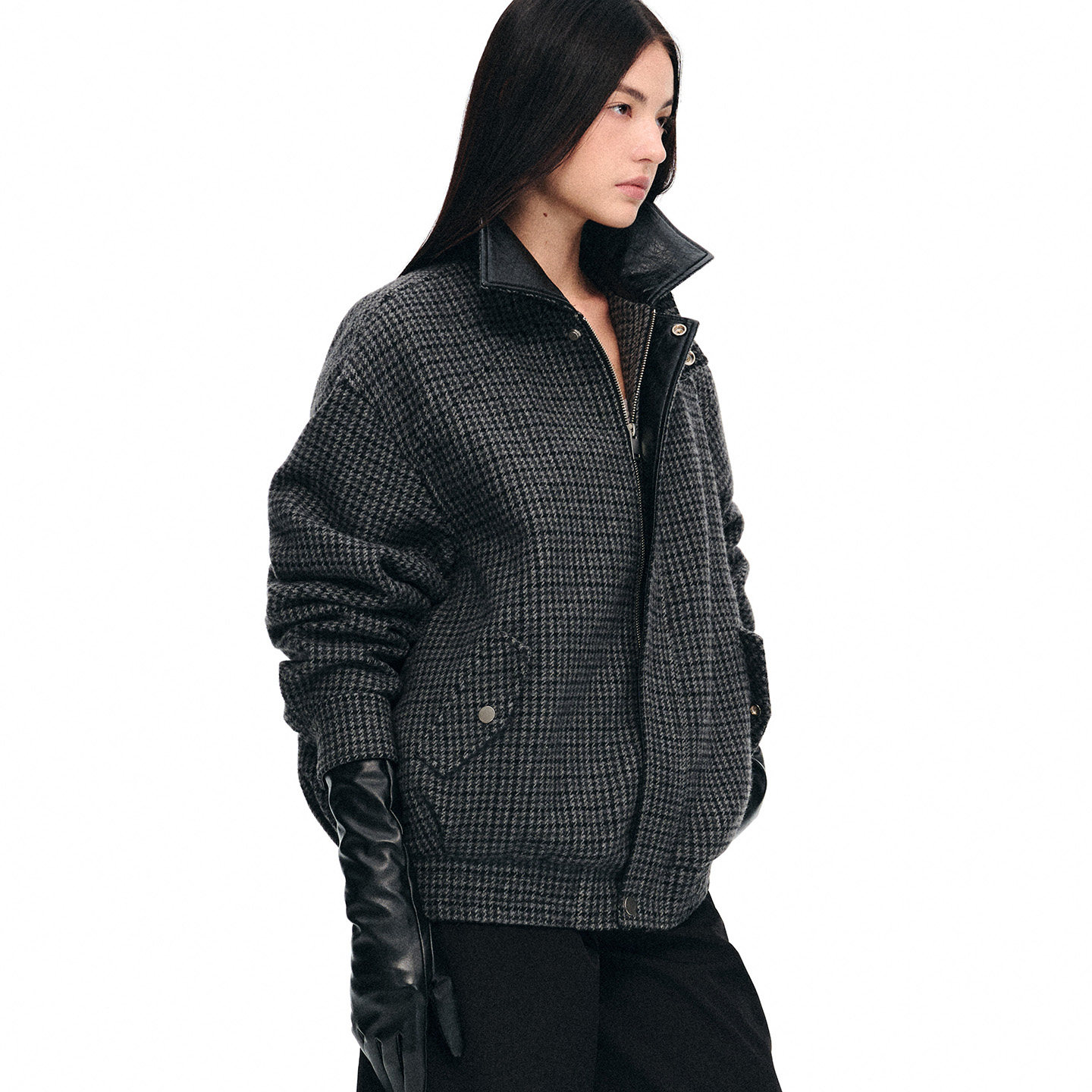 dat.明後日 挺括立体羊毛精细千鸟格拼色皮领间棉毛呢夹克外套,女装/女士精品,毛呢外套,淘宝优惠券,粉丝福利购,淘宝优惠卷