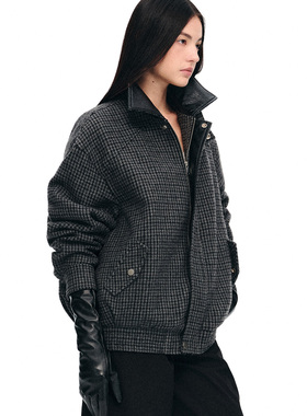 dat.明後日 挺括立体羊毛精细千鸟格拼色皮领间棉毛呢夹克外套