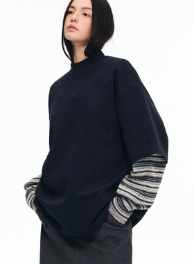 dat.明後日 条纹拼接假两件挺括落肩宽松半高领卫衣长袖T恤