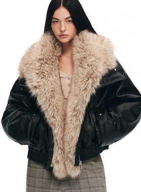 dat.明後日 可拆卸连身毛领廓型绗棉保暖机车皮衣夹克外套