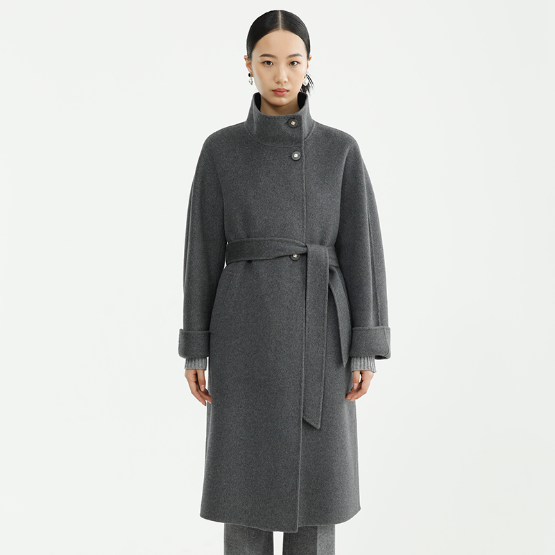 戴布拉芬新款冬季灰色双面羊绒大衣女中长款立领时尚羊毛毛呢外套