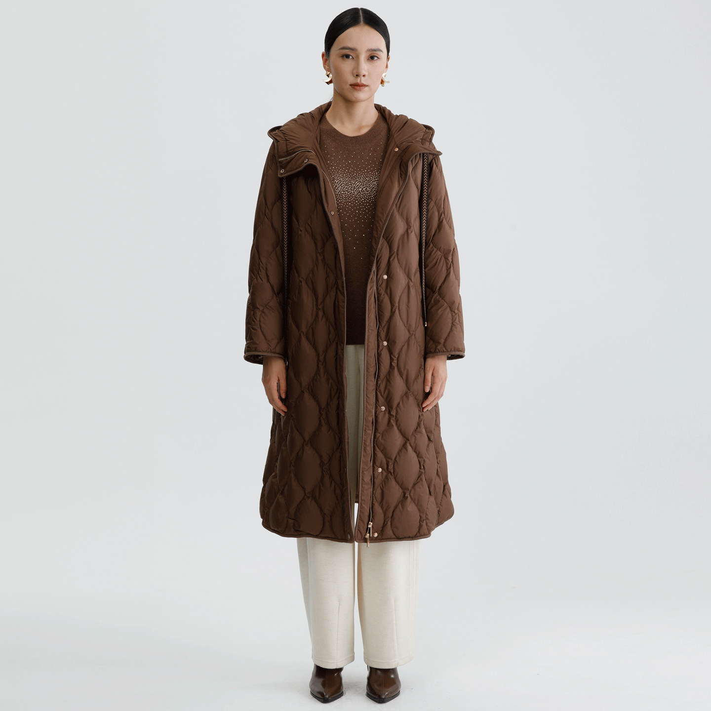 DYBULAFUN/戴布拉芬新款冬季中长款连帽保暖外套时尚白鹅绒羽绒服