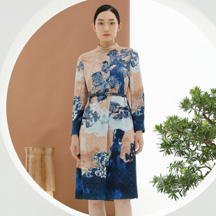 饰气质经典 戴布拉芬品牌新款 印花小立领腰带装 时尚 连衣裙女 冬季