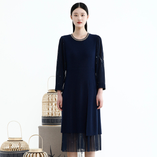 戴布拉芬新款 圆领针梭配连衣裙纯色优雅气质休闲遮肚毛衣长裙 冬季
