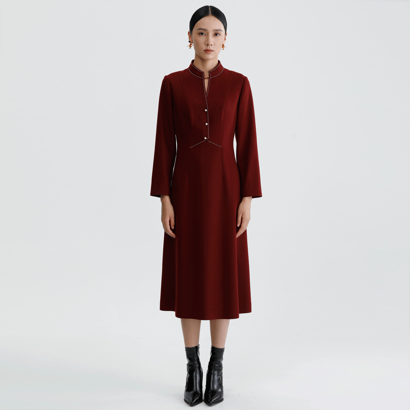 DYBULAFUN/戴布拉芬新款冬季时尚气质优雅酒红色中长款女士连衣裙