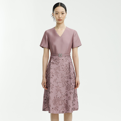 戴布拉芬新款秋季粉红花连衣裙国风雅致刺绣花短袖v领显瘦女长裙