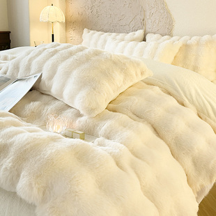 简约奶油风冬季 保暖獭兔毛四件套加厚牛奶绒被套床笠1.8m床上用品