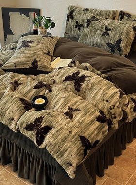 牛奶绒加厚夹棉床盖款床上四件套兔毛绒复古风珊瑚绒床单被套冬季