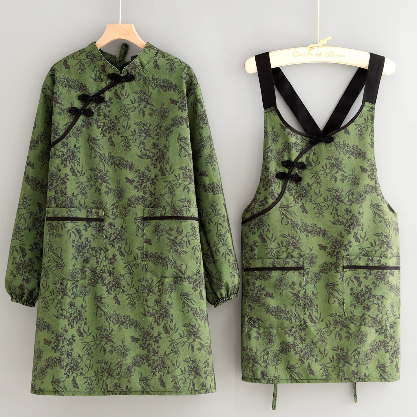 中式帆布长袖围裙时尚防污耐磨