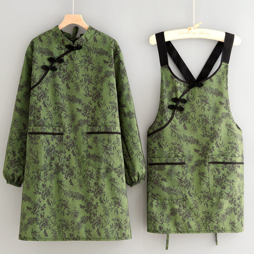 中式帆布长袖围裙时尚防污耐磨