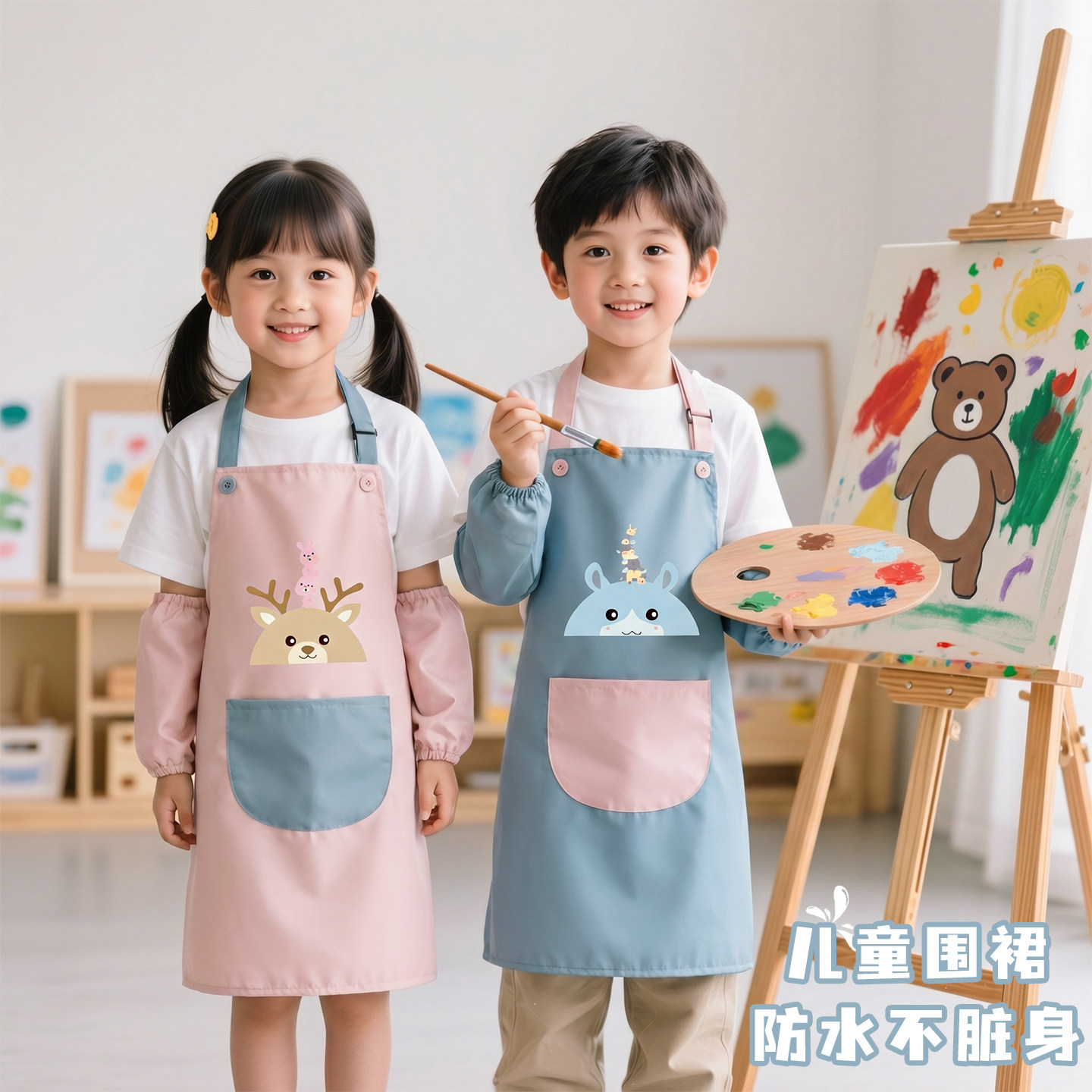 新款儿童防水卡通围裙厨房画画烘