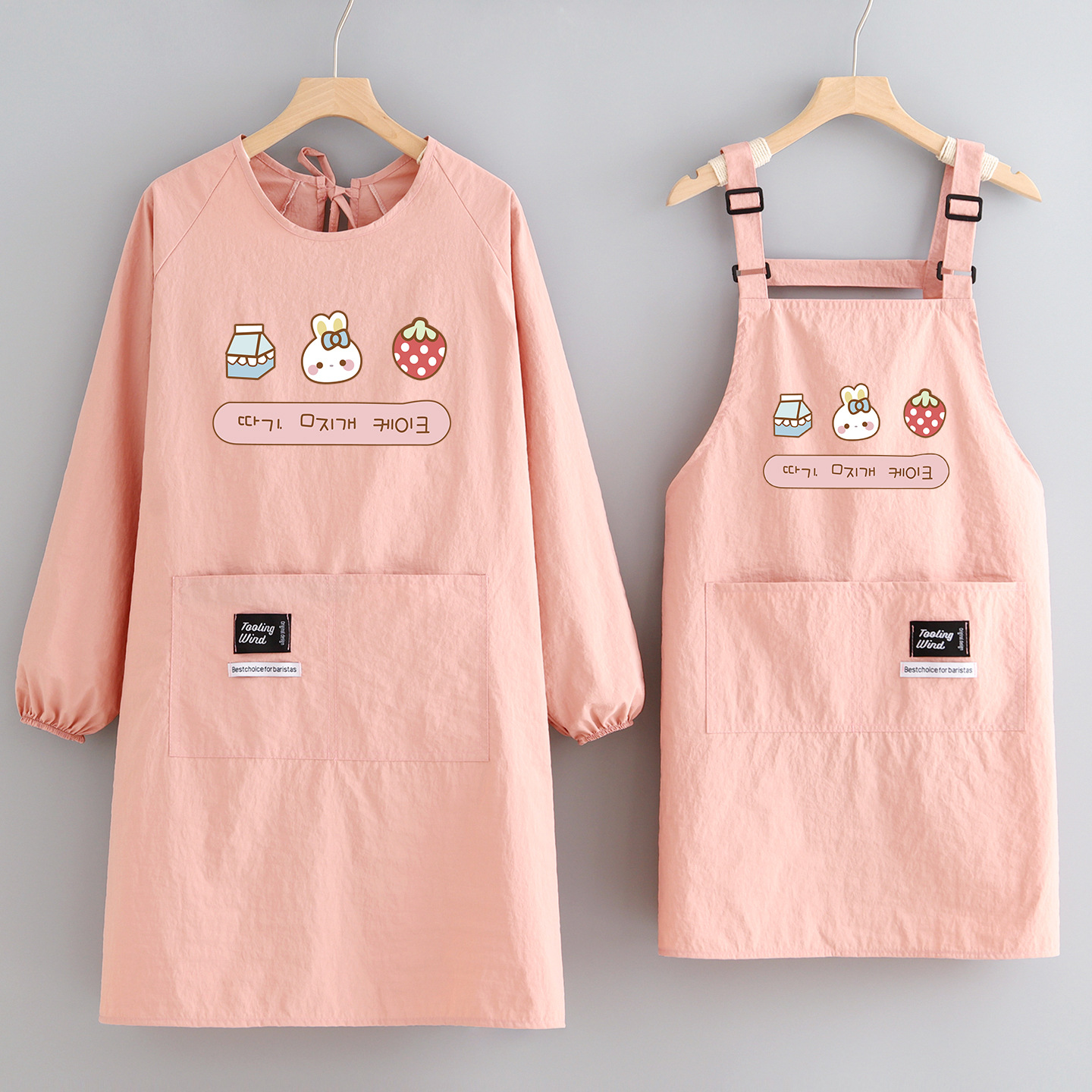 韩版防泼水罩衣厨房家用围裙餐饮做饭围腰卡通防污长袖印字工作服