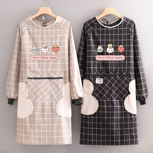 防水防油长袖围裙家用厨房拉链兜