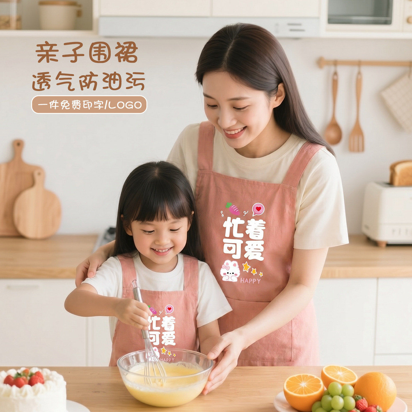 亲子款棉皱布儿童围裙厨房做饭围