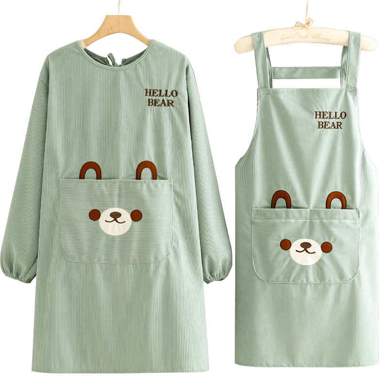 可爱卡通防污耐脏罩衣女新款工作服条绒长袖围裙厨房家用做饭护衣