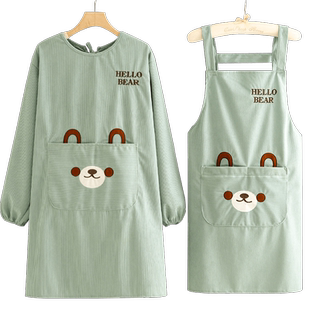 可爱卡通防污耐脏罩衣女新款工作服条绒长袖围裙厨房家用做饭护衣