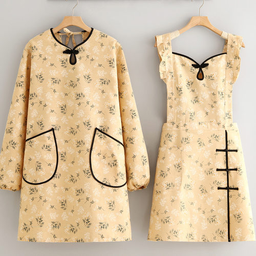 中式复古帆布围裙家用厨房长袖