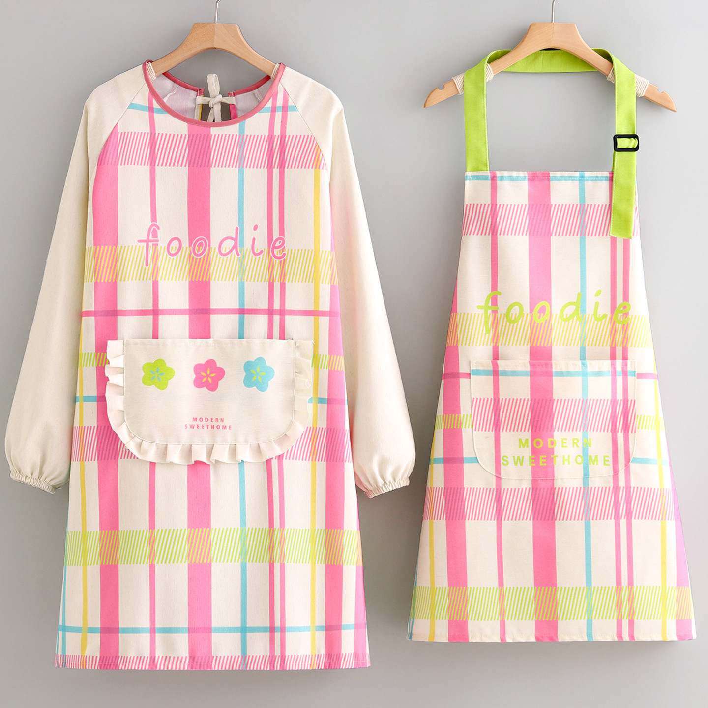 小清新帆布罩衣长袖围裙家用厨房