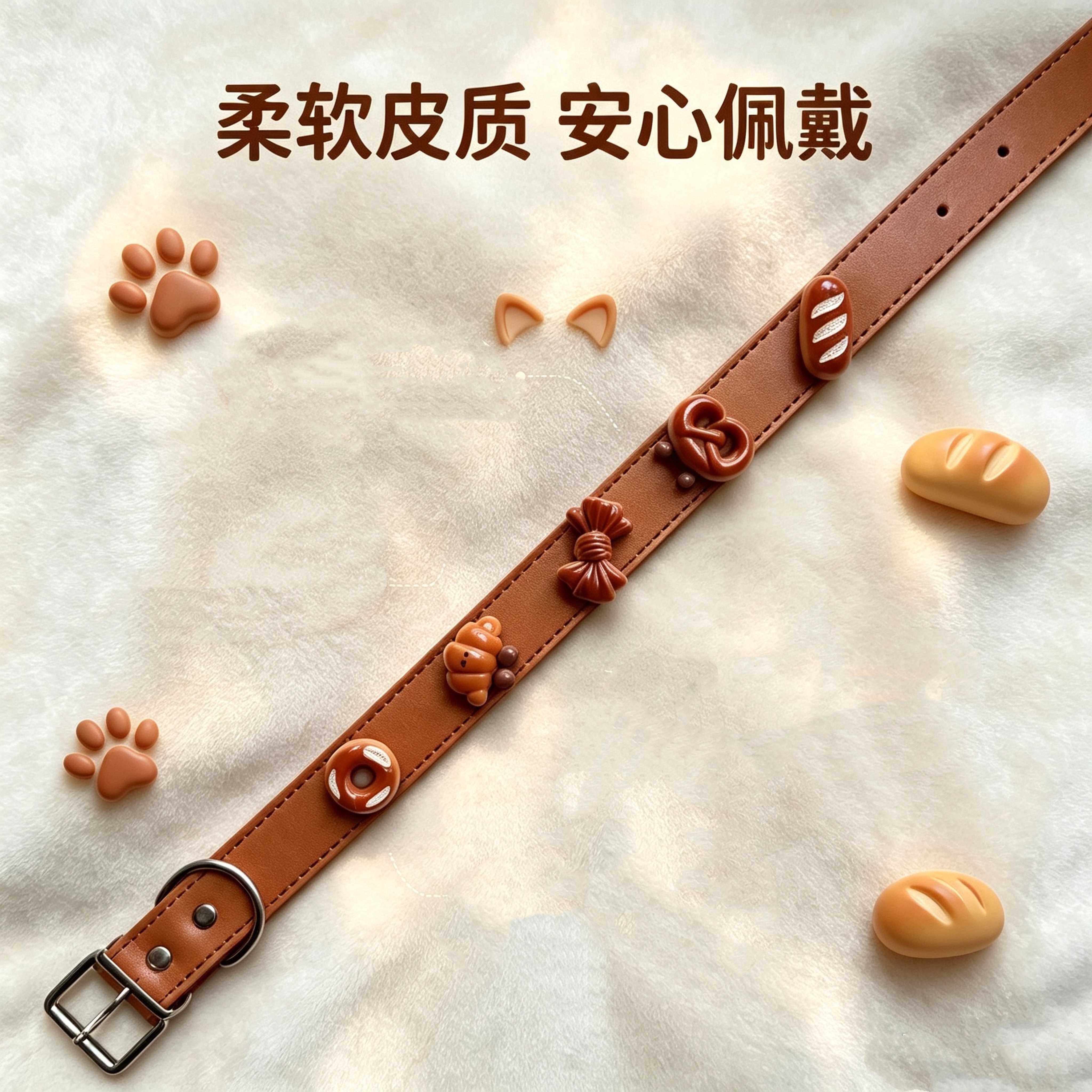 可拆卸皮质轻巧猫狗面包宠物项圈