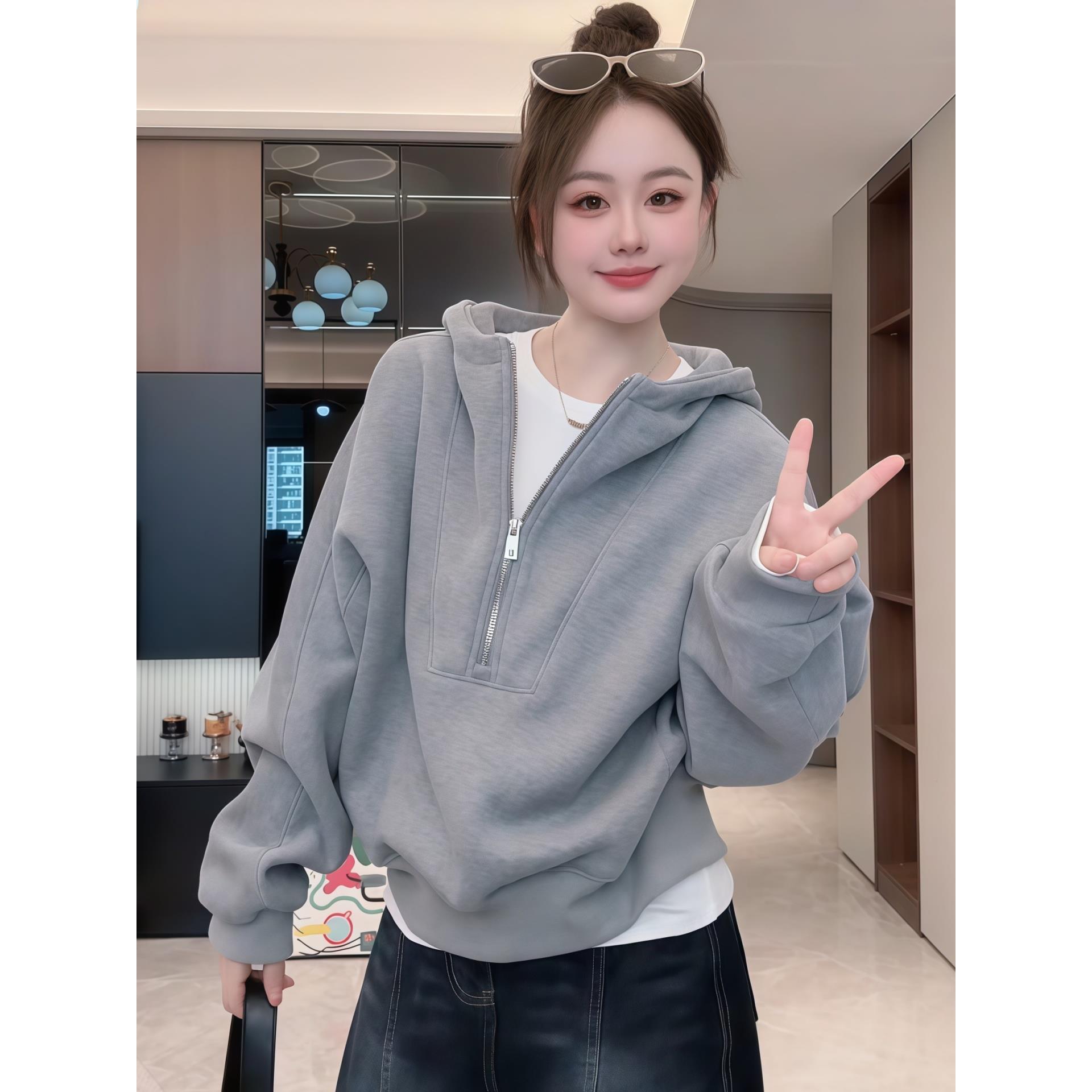 ROUMIKL半拉炼连帽卫衣女秋季2025新款爆款宽松休闲短款长袖帽衫