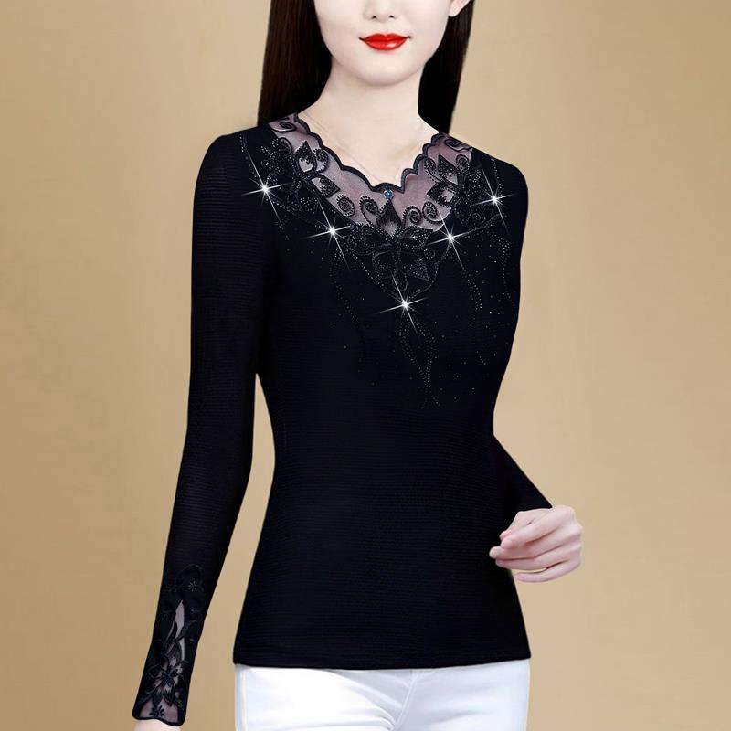 ROUMIKL高端网纱打底衫女春秋义乌超好看单穿刺绣贵夫人洋气T恤长