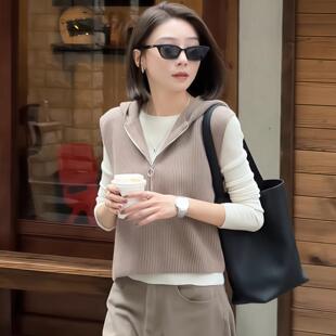 ROUMIKL半拉链连帽针织马甲女2025新款春秋季百搭叠穿无袖背心时