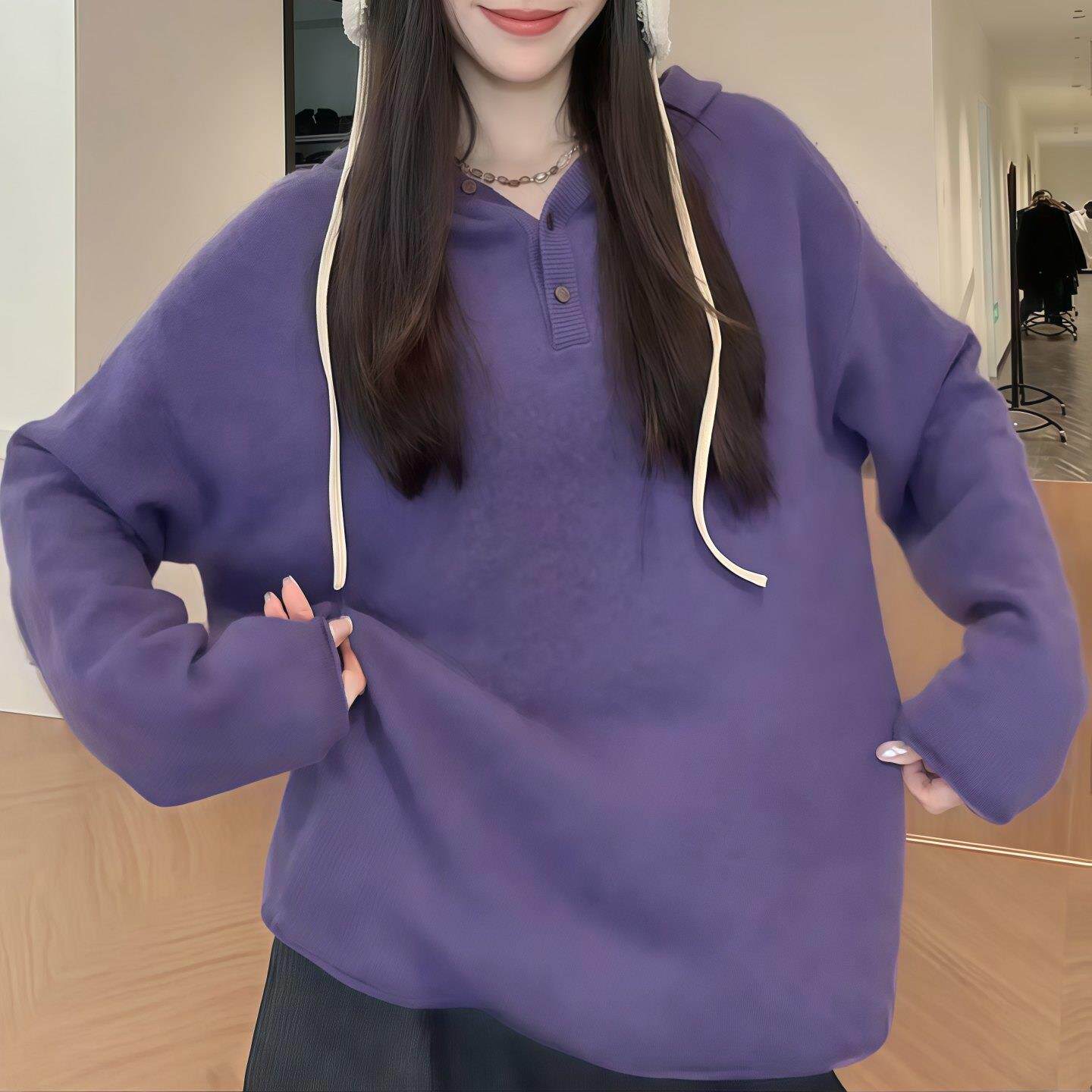 ROUMIKL紫色慵懒风连帽针织毛衣女2025秋冬新款毛茸茸帽衫中长款