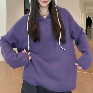 ROUMIKL紫色慵懒风连帽针织毛衣女2025秋冬新款毛茸茸帽衫中长款