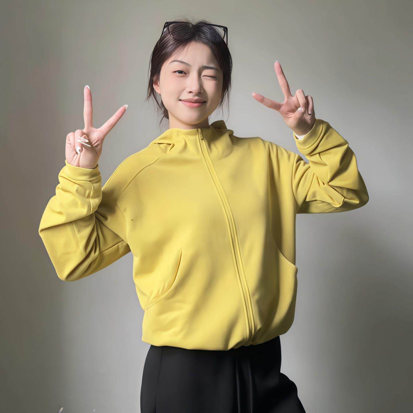 ROUMIKL黄色连帽拉链卫衣开衫女2025新款秋季运动休闲抽绳收腰长