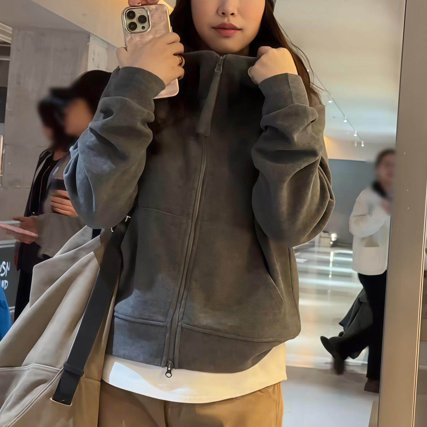 ROUMIKL连帽双头拉链卫衣开衫女2025新款秋季灰色正肩长袖短外套