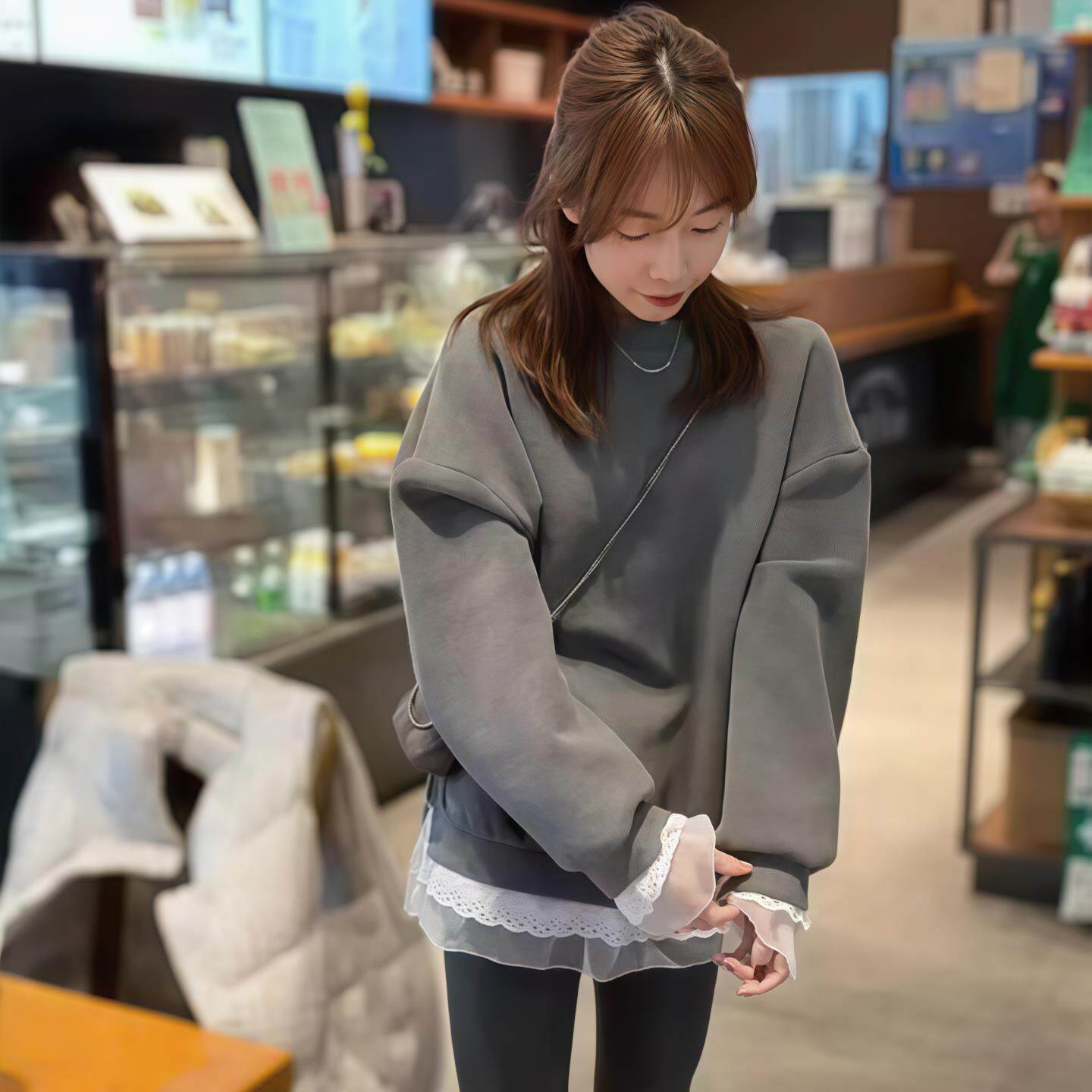 ROUMIKL拼接蕾丝花边圆领卫衣女2025新款秋冬加厚保暖中长款套头