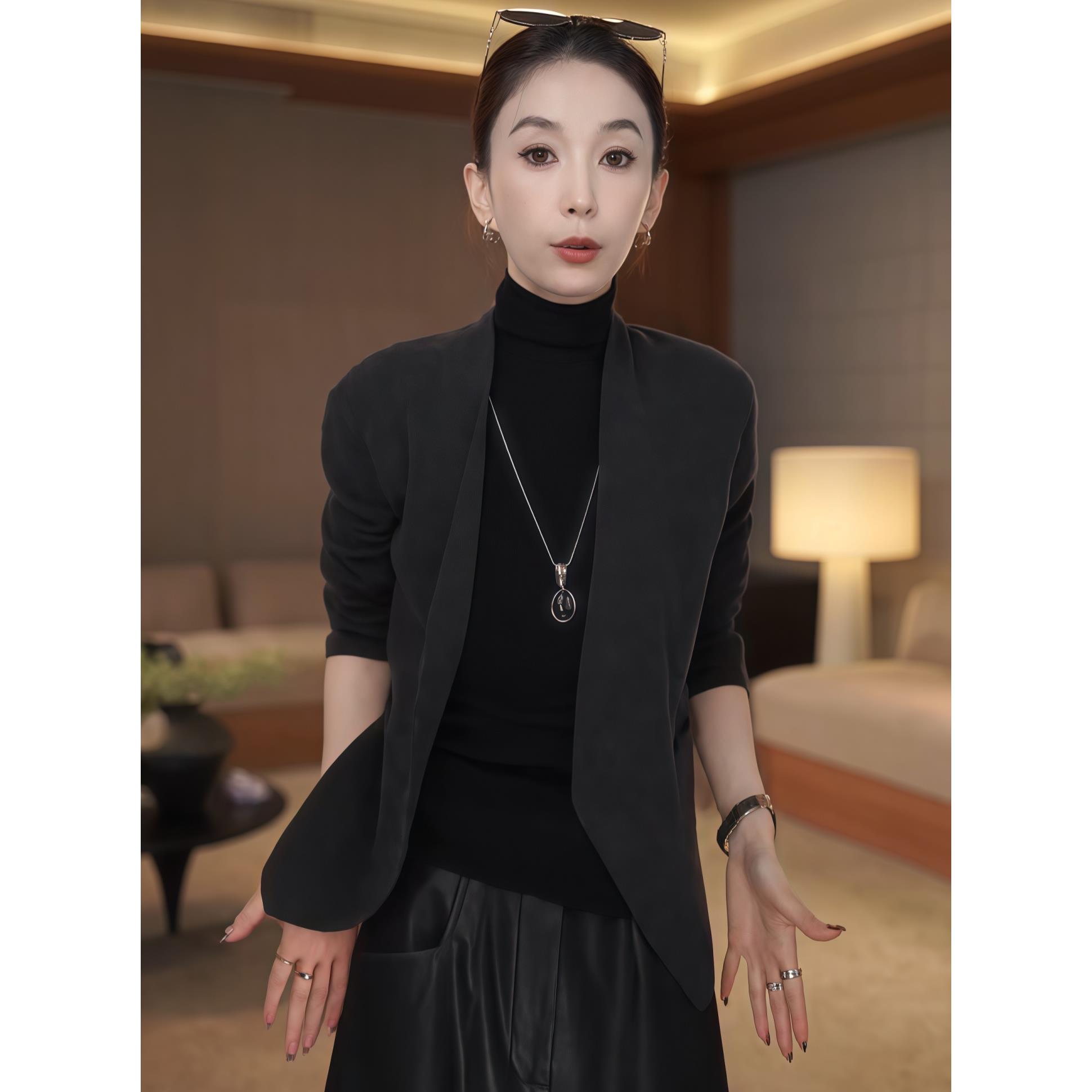 ROUMIKL软糯长袖针织开衫外套女2025新款秋季V领不规则披肩保暖正