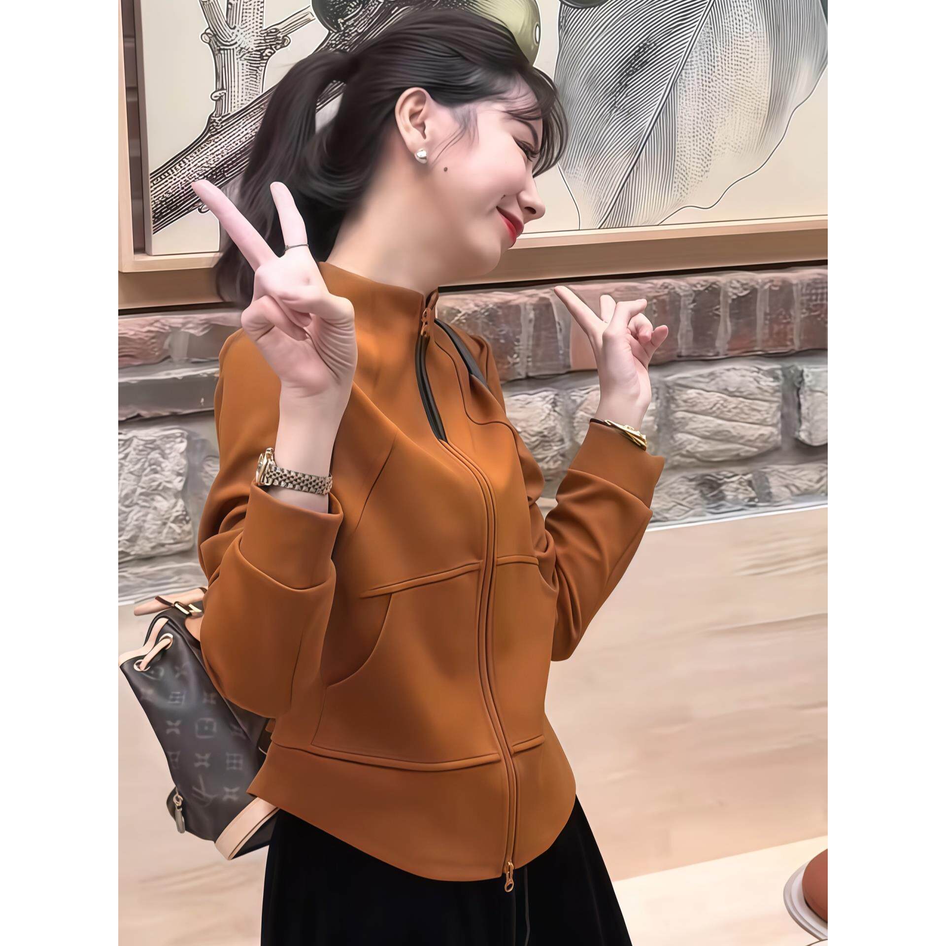 ROUMIKL立领拉炼卫衣外套女2025新款爆款秋季外穿正肩长袖修身短