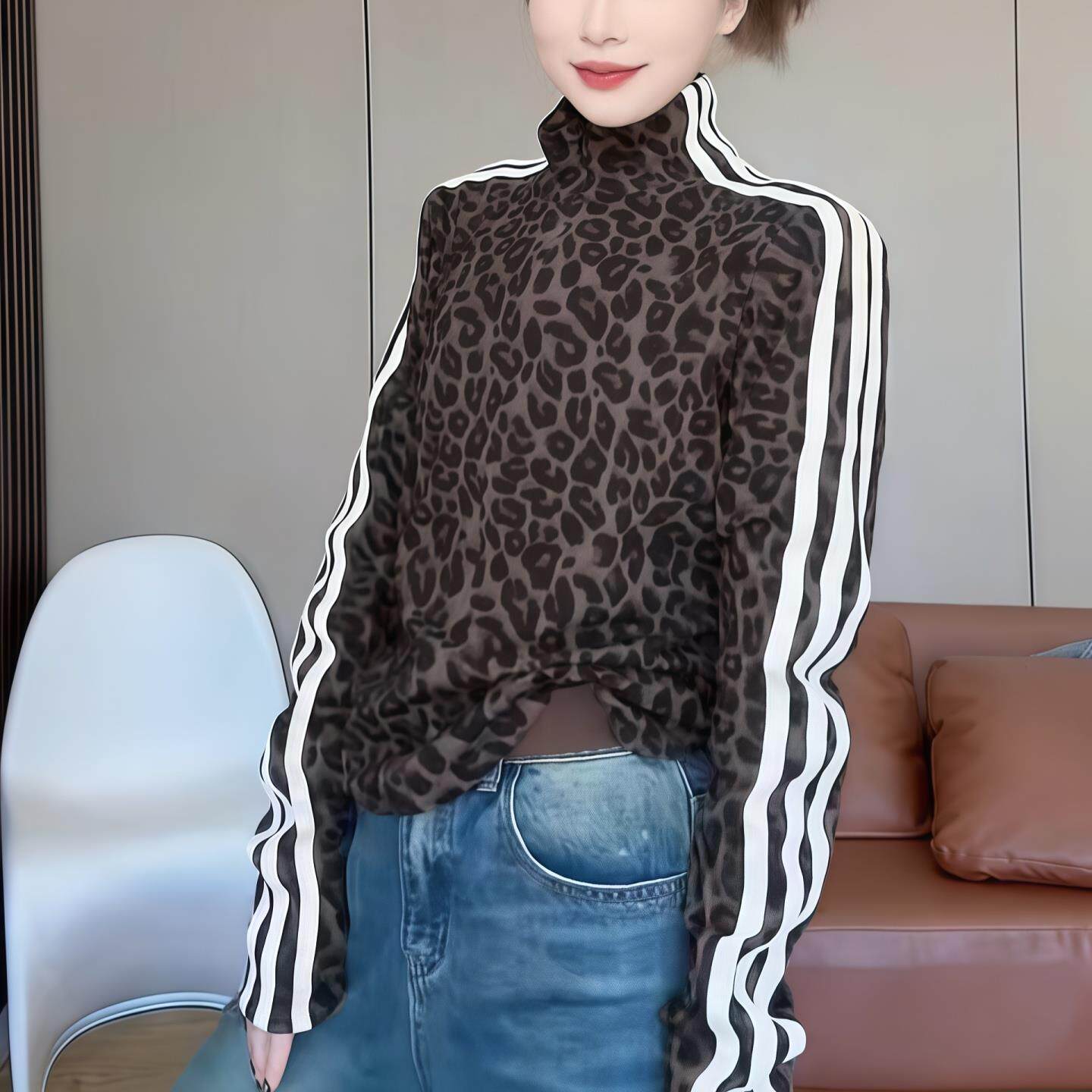 ROUMIKL立领撞色杠条豹纹T恤女2025新款秋季半拉链长袖修身显瘦正