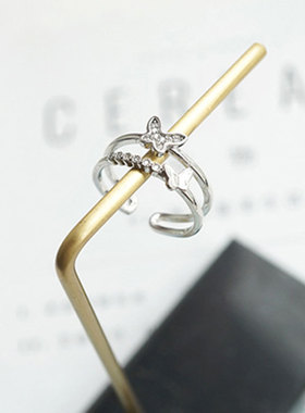 925纯银锆石蝴蝶戒指女不掉色小众双层指环简约设计感戒子