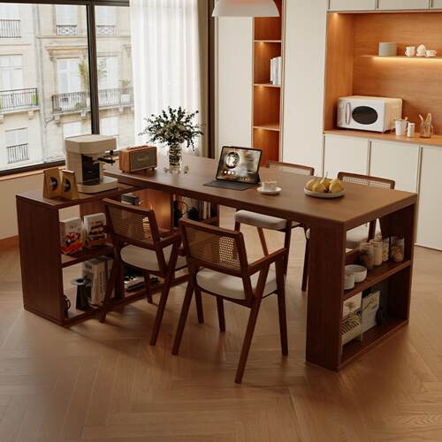 胡桃木色实木岛台餐桌2025新款