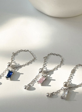 925纯银彩色小方钻抽拉戒指小众不掉色链条戒子高级感ins风格指环