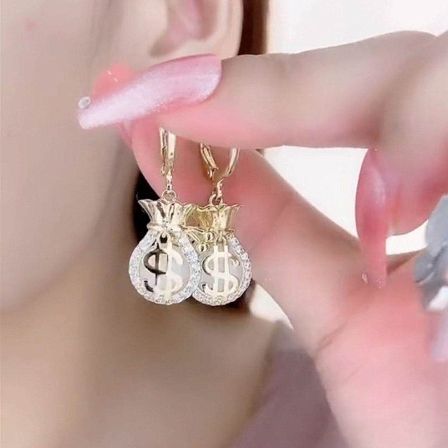 新年福气福袋猫眼石耳环时尚个性钱袋耳扣高级感轻奢秋冬耳坠耳饰